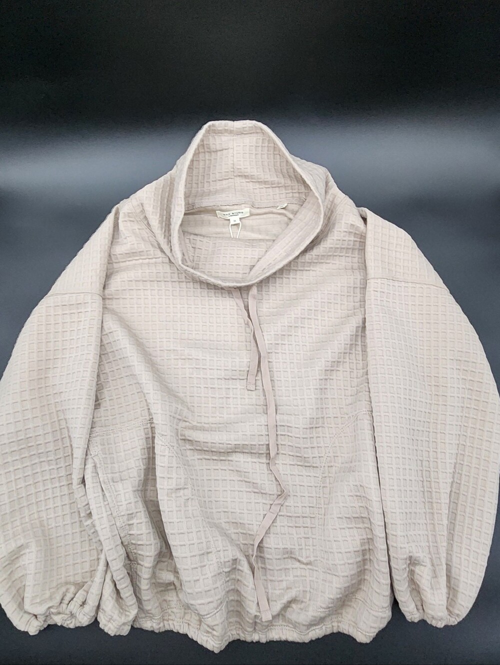 Max Studio London Y2K Cream Waffle Light Knit Tie Front Turtleneck Sweater